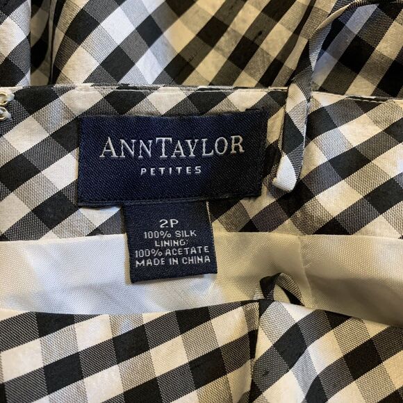 Ann Taylor Silk Gingham Check Dress Spaghetti Strap Black White Plaid Petite 2 - Picture 7 of 8